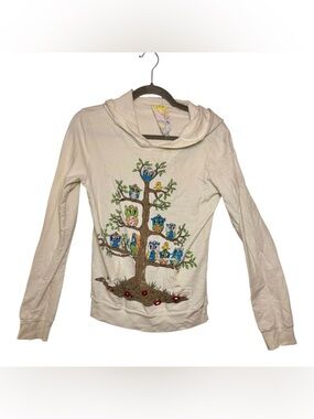 Crafty Couture Owl Hoodie Cream Whimsical Twee Indie Artwear Large